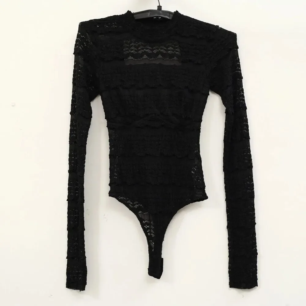 Free People Intimately Angelina Bodysuit Top Sheer Long Sleeve Black XS 289802
